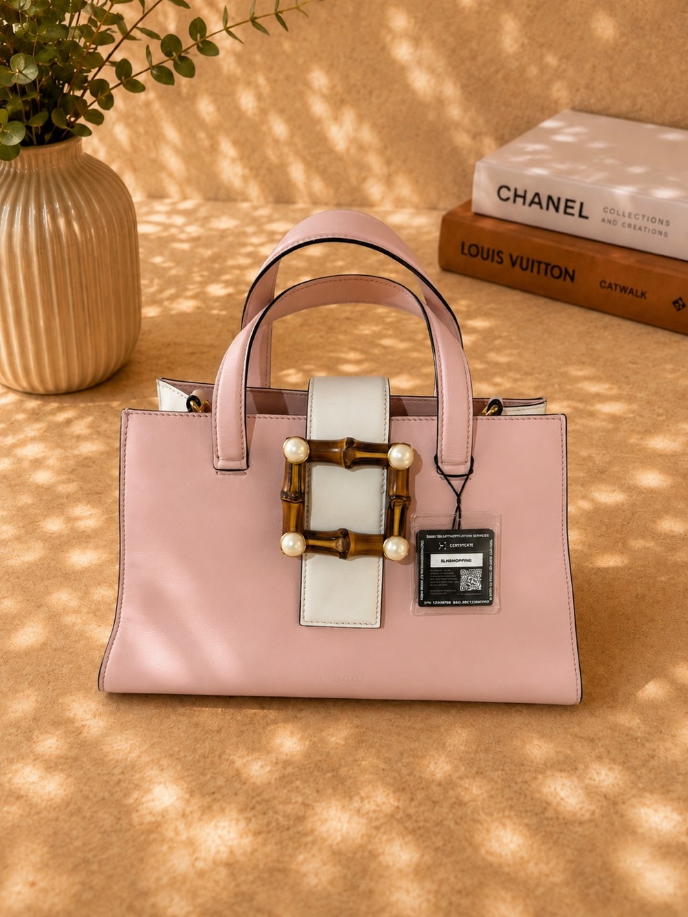 FIRM Elegant Pink and Cream Gucci Women's Tote Bag with Bamboo Detail